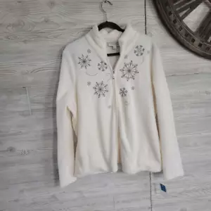 Breckenridge Cream Snowflake Fleece Full Zip Sweater Women's SZ XL Holiday NWT - Picture 1 of 5