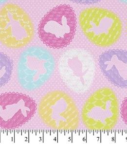 EASTER TOSSED BUNNY EGGS ON PINK DOT COTTON FABRIC FREE SHIP QUILT CRAFT - Picture 1 of 9