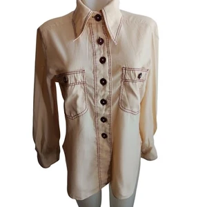 Women's Medium Vintage 1970's Rayon Mod Top/Blouse Purple Stitching By House - Picture 1 of 7