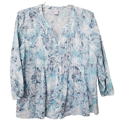 Chico's Linen/Cotton Banded Pleated Fossil Finds Peasant Button-Up Top Sz 3 (XL) - Image 1 of 4