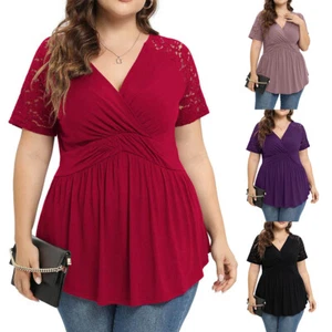 Plus Size Ladies Summer Short Sleeve Tunic Tops Blouse Women Floral Lace T-Shirt - Picture 1 of 19