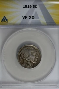 1919 .05 ANACS VF 20 Buffalo Nickel, Indian Nickel, 5 Cent Piece - Picture 1 of 2