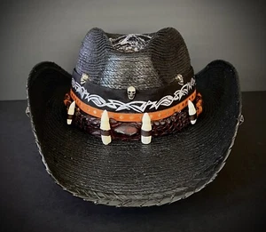 Cowboy Hat genuine Leather Band Skull Biker Style Straw Black - Picture 1 of 10