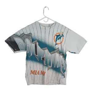 Vtg 1994 NFL Miami Dolphins All Over Print Pinstriped Graphic T-Shirt Men's Sz L - Picture 1 of 16