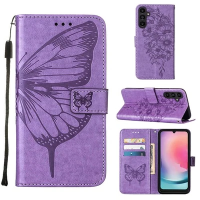 Embossing Butterfly Leather Card Wallet Case For Various Phone Flip Stand Cover - Image 1 of 4