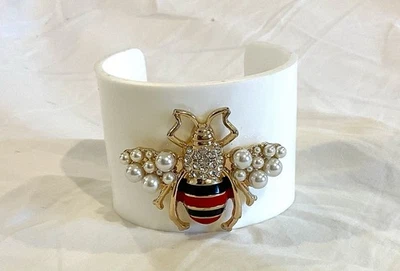Resin White Cuff Bracelet Bee Red Black Pearl Rhinestone Enamel Animal Gold - Image 1 of 4