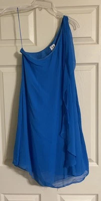 Vestido Halston Heritage Mujer Talla 2 Azul Un Hombro Seda Cremallera Lateral Volantes Foto 1 de 4