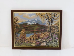 Vintage Tapestry Completed Needlepoint Landscape Scotland Framed 14” X 11” - Picture 1 of 8