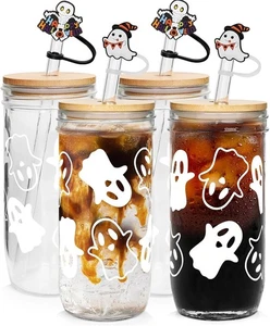 Halloween Tassen Geist Dekor 24 Unzen Becher Einmachglas Glasdeckel Strohhalme Becher Kaffee - Bild 1 von 5