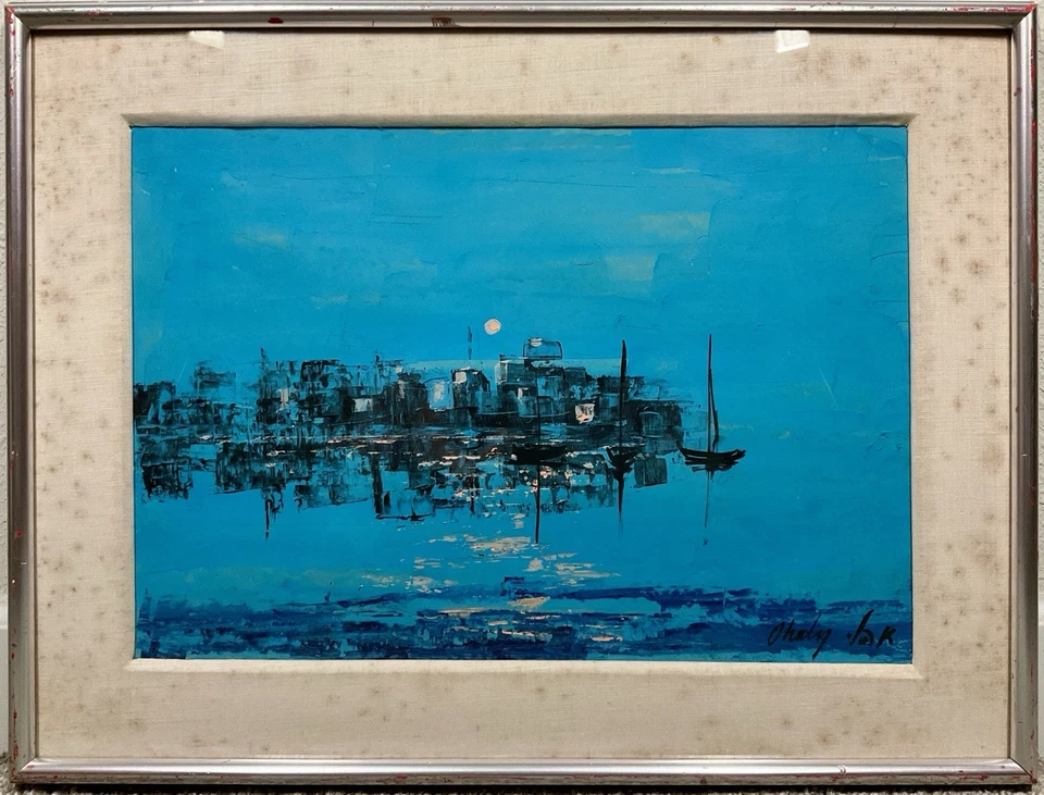Pintura acrílica vintage assinada pela década de 1960 abstrata paisagem marítima cena porto - Imagem 1 de 4