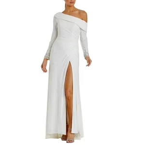 MAC DUGGAL White One Shoulder Ruched Embellished Sleeve Gown Size 6 - Picture 1 of 13