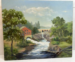 Vintage (1961) Ölgemälde an Bord der Schrotmühle am Fluss (Genesee River, NY?) - Bild 1 von 19