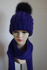 Strickmütze Luxus Set Bommelmütze Winter- Skimütze Echt Fell Pelz Gr 56-58 NEU - Bild 1 von 5