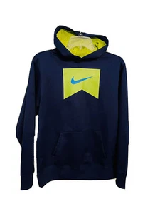 Nike Hoodie Sweatshirt Navy Blue & Neon Swoosh Logo Kangaroo Pocket  X-Large - Picture 1 of 7