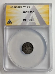 1852 3CS ~ ANACS VF30 ~ Three Cent Silver ~ Small Star Trime US Type Coin - Picture 1 of 6