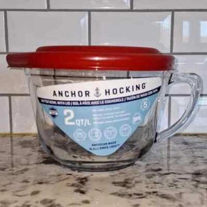 Anchor Hocking Batter Bowl, 2 Quart Glass Mixing Bowl with Red Lid - Picture 1 of 2
