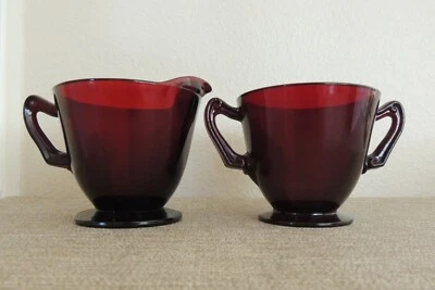 RUBY RED Vintage Glass Sugar & Cream Pitcher Set Pedestal Pieces Very Nice - Image 1 of 4