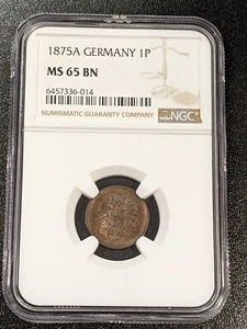 1875 A MS65 BN Germany 1 Pfennig UNC NGC KM 1 Large Shield - Picture 1 of 4