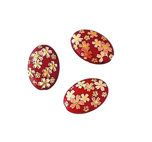 5 pcs Japanese Tensha Red Gold Cherry Blossoms Flat Oval Acrylic Beads 19x14mm - Picture 1 of 3