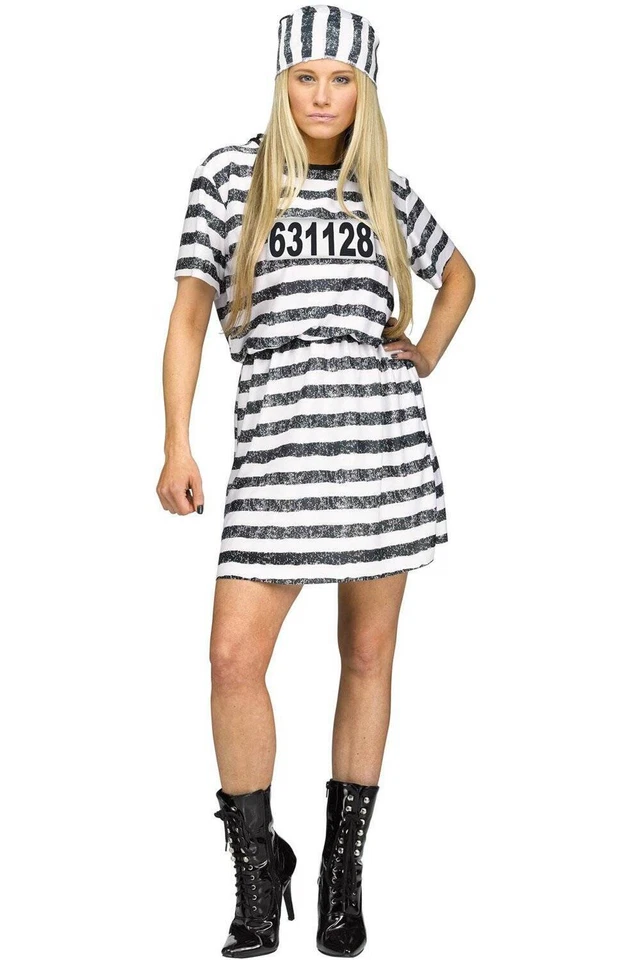Disfraz de Halloween Convict Jailbird Prisionero OS Blanco Negro Vestido 3 Piezas Para Mujer Foto 1 de 4