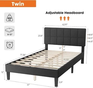 Wood Platform Bed Frame wit Upholstered Headboard King Queen Full Size Bed Frame - Picture 1 of 13
