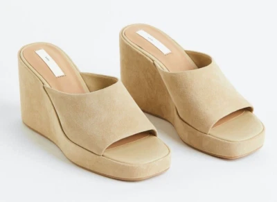 H&M WEDGE-HEELED SUEDE MULES NUDE BEIGE SAND CREAM SANDALS  8 9 42 11 - image 1 of 4
