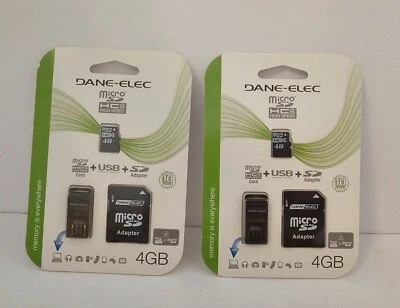NEW 2 Pack Dane Elec 4GB Micro SDHC Memory Cards +SD Adapter +USB Drive adapter - Image 1 of 3