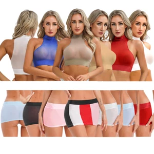Women's Glossy Crop Top Pencil Miniskirt Sheer See Through Vest top Bodycon - Picture 1 of 112