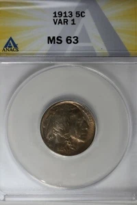 1913  .05  ANACS  MS 63 VAR 1 Buffalo Nickel, Indian Nickel, 5 Cent Piece - Picture 1 of 2