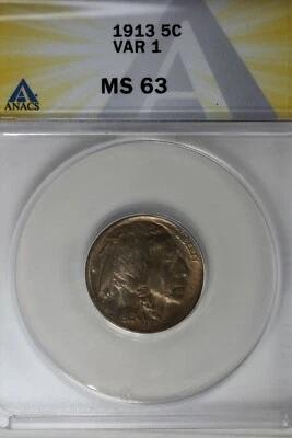 1913  .05  ANACS  MS 63 VAR 1 Buffalo Nickel, Indian Nickel, 5 Cent Piece - Image 1 of 2