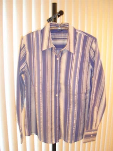 Izod Women's Long Sleeve Blouse, Striped with White and Blues - Picture 1 of 2
