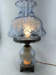 Vintage Electric Light Hurricane Lamp Clear Tinted Blue Roses 26” Tall - Picture 1 of 19