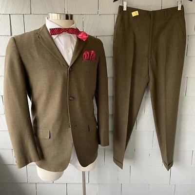 60s Vintage Olive & Brown Faint Plaid Wool 3-Button 2pc Mens Swanky Suit Size 42 - Image 1 of 4