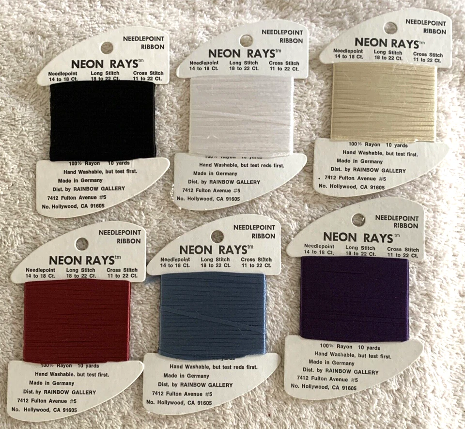 Rainbow Gallery Neon Rays Needlepoint Ribbon 6 Cards Mixed Colors No Duplicates - Image 1 of 4