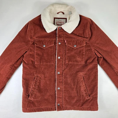 Chaqueta Levis Pana Para Hombre Pequeña Sherpa Forrada Camionero Borgoña Marrón Cremallera y Presión Foto 1 de 4