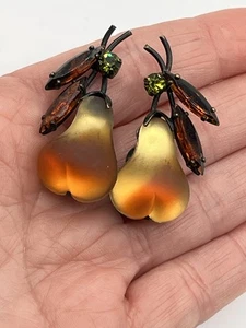 Vtg Germany Frosted Glass Fruit Pear Earrings Amber Green Rhinestone Clip Ons - Picture 1 of 8