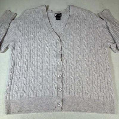 Bloomingdale's 2 Ply Cashmere Cable Knit Cardigan Sweater Women Sz L Light Gray - Image 1 of 4