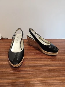 Neu ohne Etikett La Canadienne Damen 38 Lack schwarz Sling Peeptoe Keilabsatz - Bild 1 von 9