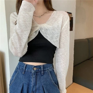 Damen Kurz Shirt Drehkragen Oberteil Strick für Schlupf Kleid Dünn Tee Langarm - Bild 1 von 17