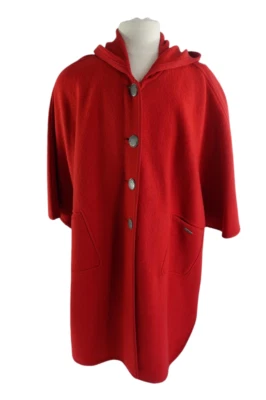 Geiger $685 连帽纽扣开普全新红色煮羊毛女式 38 M 长外套夹克 — 第 1/4 张图片