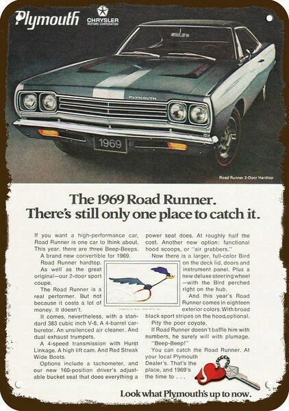 Coche Plymouth Roadrunner Road Runner 1969 aspecto muy nuevo réplica decorativa letrero de metal  Foto 1 de 1