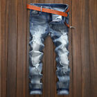 Men Stretch Straight Slim Fit Jeans Washed Destroyed Ripped Denim Pants Trousers