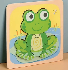 Wooden Animal Jigsaw Puzzle Cartoon Frog 3D Toy Toddler Educational 4 Piece - Picture 1 of 7