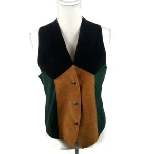 Voyageur 90s Leather Patchwork Vest Medium Green Gold Black Ties In Back Vintage - Picture 1 of 14