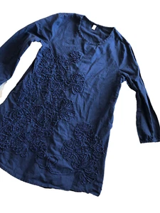 Depending on Horizon Navy Blue Embossed Shift Dress Floral Embroidered Tunic - L - Picture 1 of 7