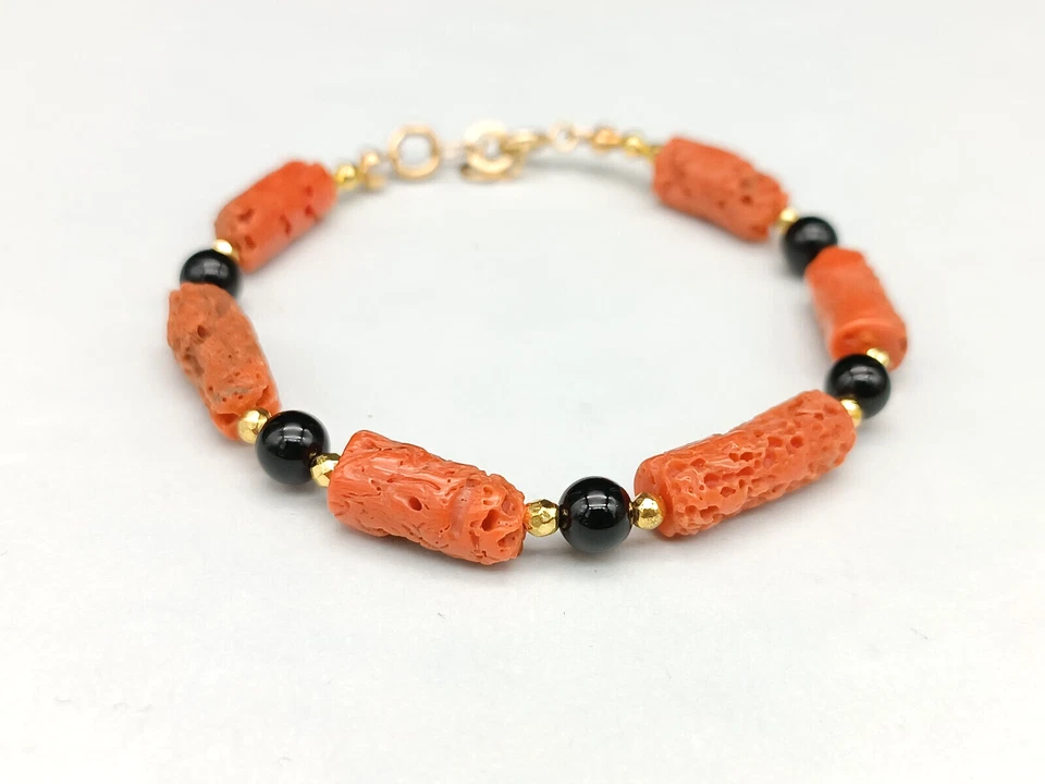 Pulsera De Coral Rojo De Cerdeña Natural Auténtico De Plata 925 Y Ónix Negro - Imagen 1 de 4