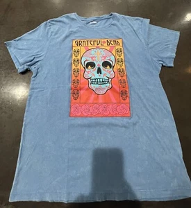 Old Navy Women's Sz L Grateful Dead Sugar Skull Acid Wash Blue T-shirt Band Tee - Picture 1 of 4