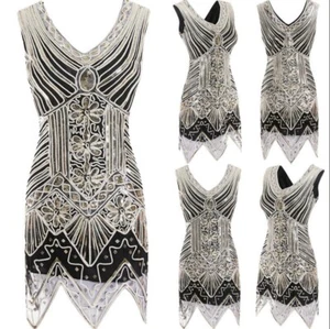 Evening Party Costume Dresses Vintage 1920s V Neck Flapper Dress Great Gatsby - Picture 1 of 9