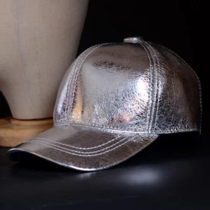 New Women's Men's Real Leather Unisex Gold Baseball Cap Trucker Cap Caps/Hats - Picture 1 of 14