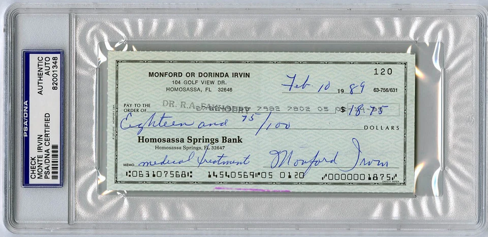 Monte Irvin SIGNED PERSONAL CHECK Giants Cubs Negro Leagues PSA/DNA AUTOGRAPHED - Image 1 of 1